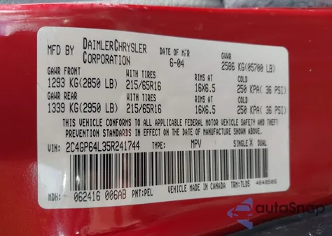 2005 Chrysler Town & Country Limited z USA, uszkodzony, nr VIN 2C4GP64L35R241744